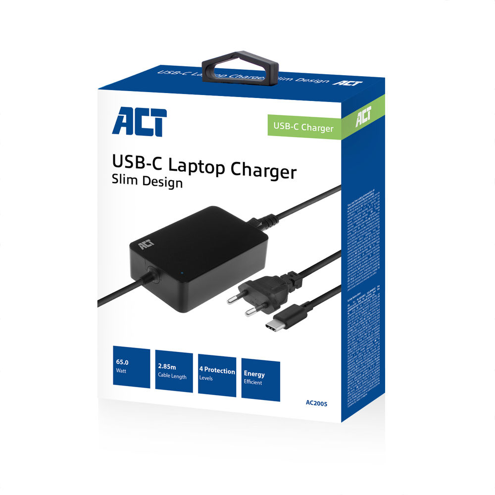 ACT USB-C laptop charger with Power Delivery profiles 65W