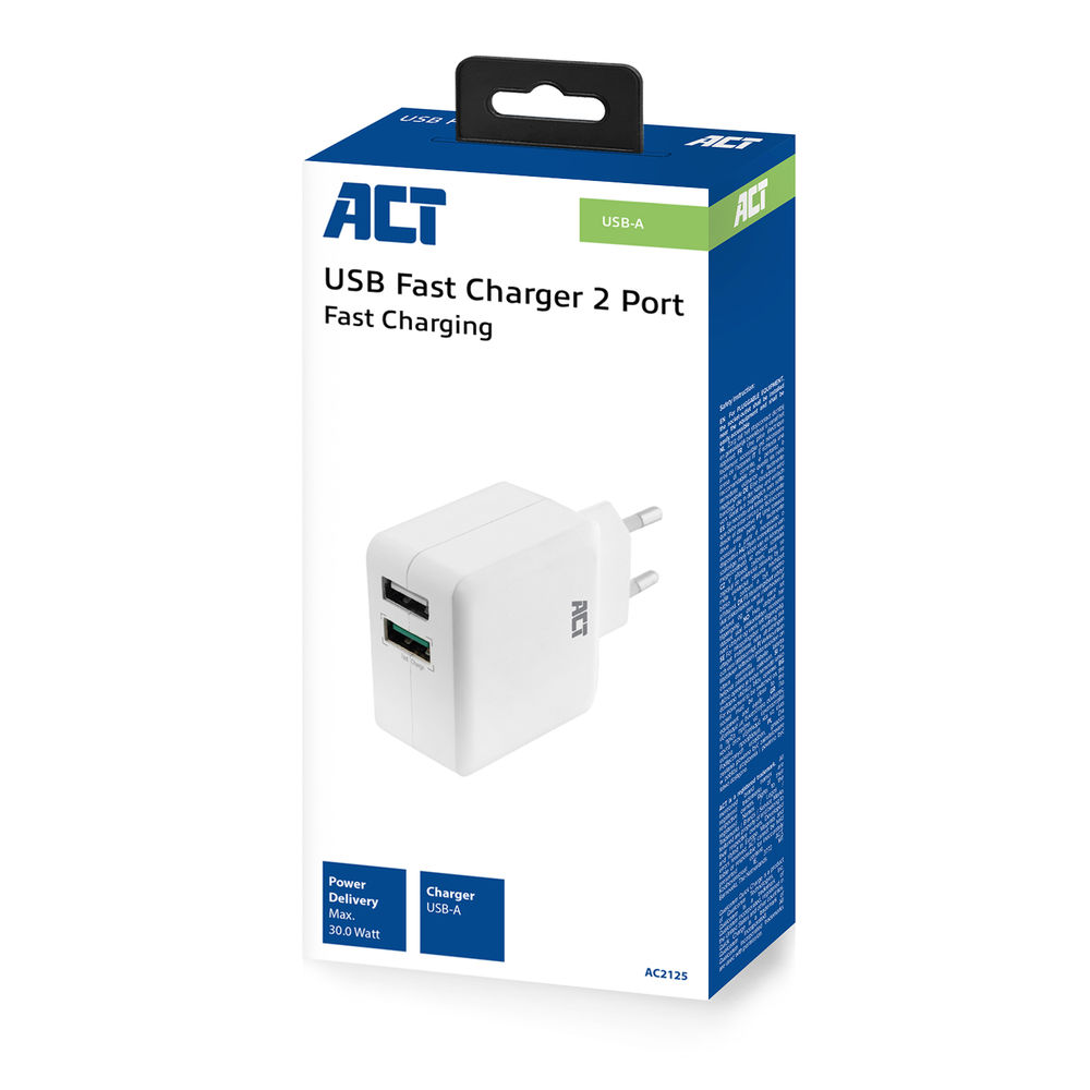 ACT USB Charger, 2-port, 30W, on one port Quick Charge, White