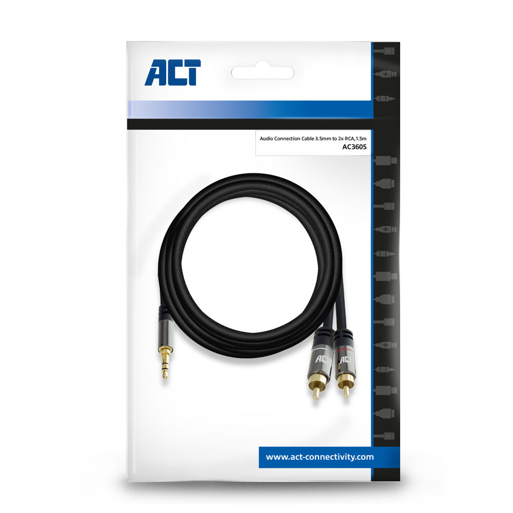 ACT 1.5 meter High Quality audio connection cable 1x 3.5mm stereo jack male - 2x RCA male, Zip Bag
