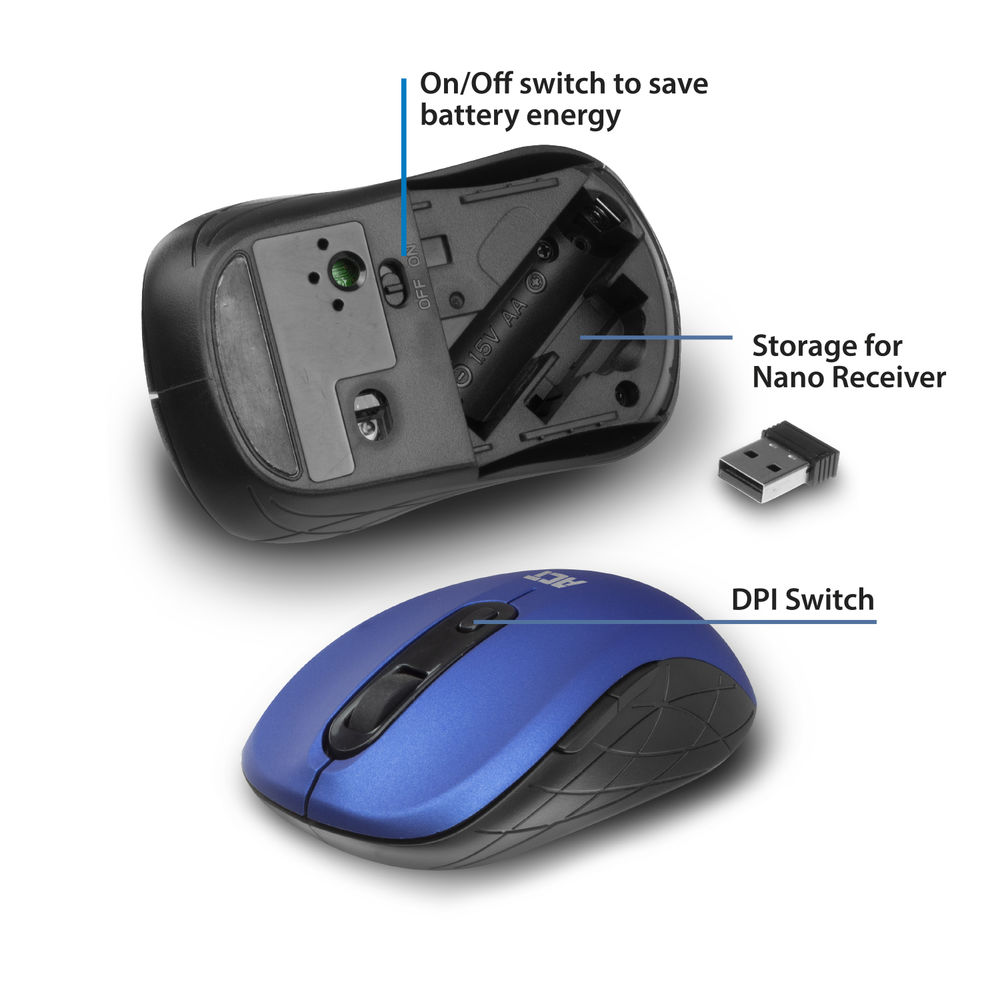 ACT Wireless Mouse, USB nano receiver, 1600 dpi, blue