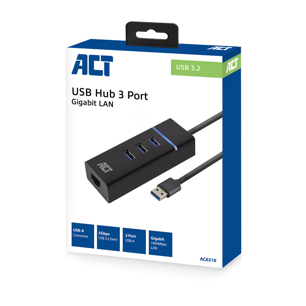 ACT USB Hub 3.2, 4x USB-A ports, ethernet, black