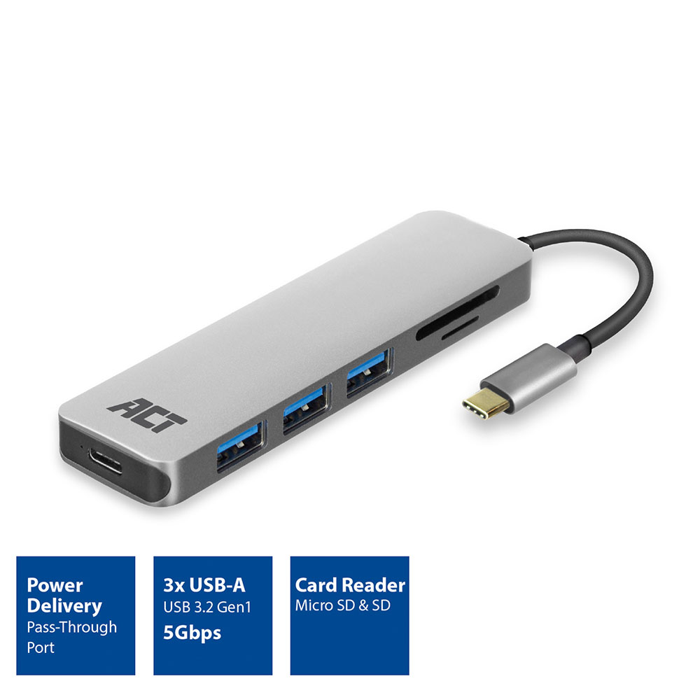 ACT USB-C Hub and card reader with USB-A , USB-C with PD Pass-Through port 55W