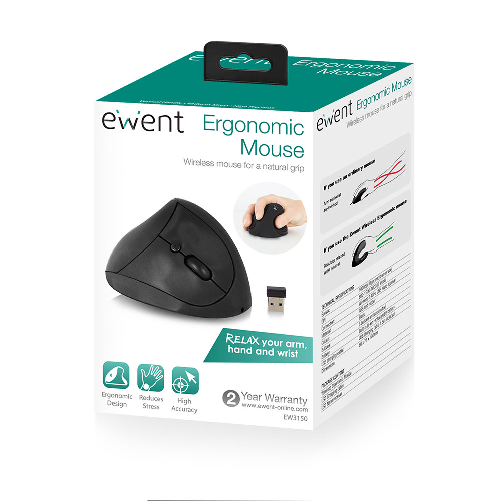 Ewent Wireless Ergonomic Mouse, USB nano receiver, 1600 dpi, black