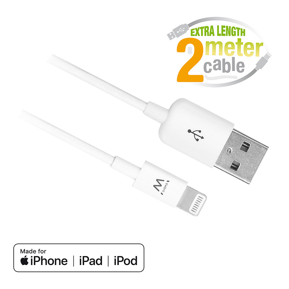 Ewent 2 meter, USB to Apple lightning charge- and sync cable, USB A male to Lightning connector, MFI certified
