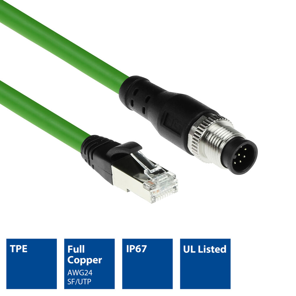 ACT Industrial 55.00 meters Sensor cable M12A 8-pin male to RJ45 male, Ultraflex SF/UTP TPE cable, shielded