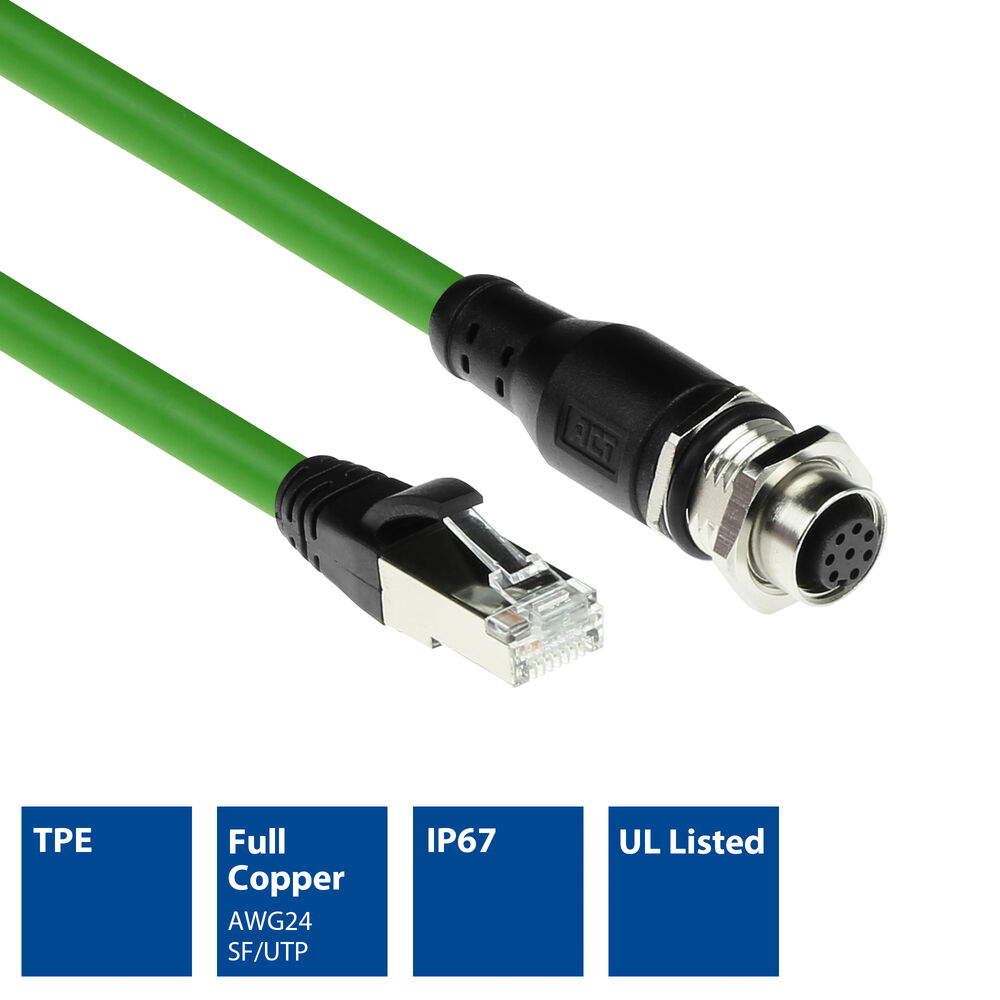 ACT Industrial 30.00 meters Sensor cable M12A 8-pin female to RJ45 male, Ultraflex SF/UTP TPE cable, shielded