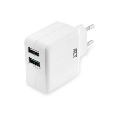 ACT USB Charger, 2-port, 30W, on one port Quick Charge, White