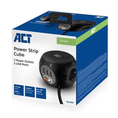 ACT Power socket cube (PDU) with 3 sockets type F, 3 USB-A ports, 1.5m, black