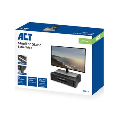 ACT Monitor stand extra wide with two drawers, up to 10kg, adjustable height, black