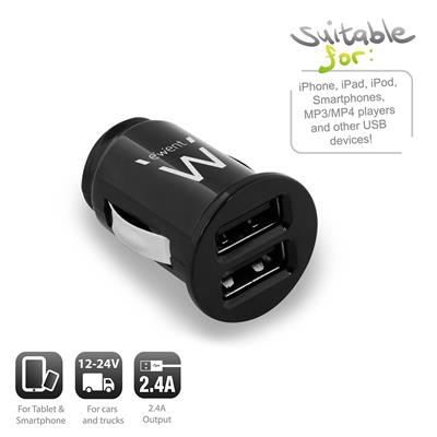 Ewent Mini USB Car Charger, 2 port, 2.4A, 12W, Black