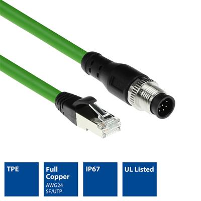 ACT Industrial 15.00 meters Sensor cable M12A 8-pin male to RJ45 male, Ultraflex SF/UTP TPE cable, shielded