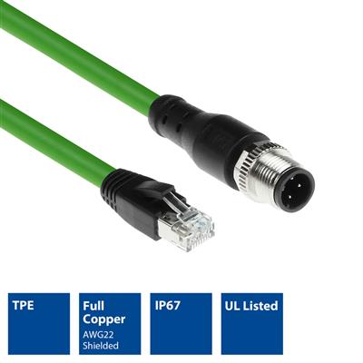 ACT Industrial 4.00 meters Sensor cable M12D 8-pin male right angled to RJ45 male, Superflex Xtreme TPE cable, shielded